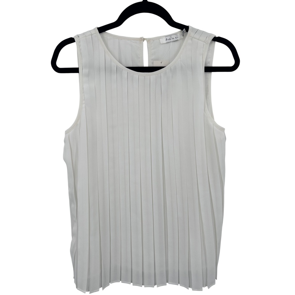 NWT Ark & Co Womens White Sleeveless Pleated Sheer Lined‎ Blouse Tank Top Size S